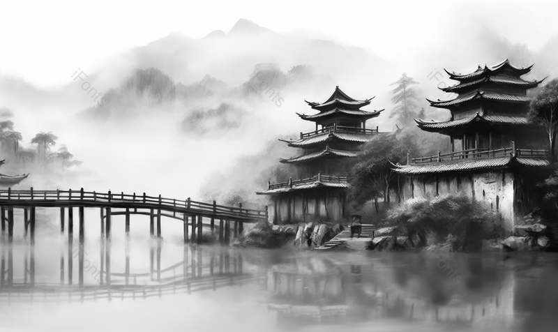 中国风经典黑白色水墨山水画古风房屋建筑小桥古桥流水平静的湖泊手绘插画,插画/手绘图,插画/手绘图库,插画/手绘图下载,插画/手绘